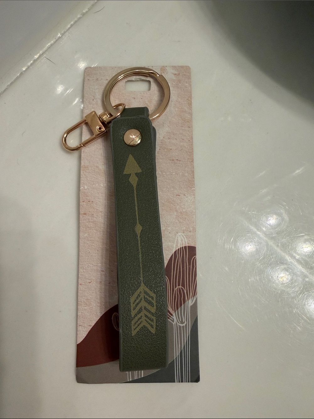 Olive Green Leather Arrow Strap Keychain with Gold Hardware
